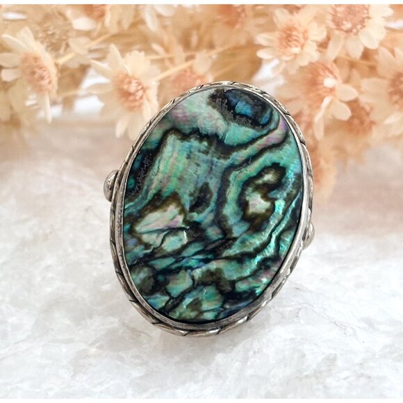 Jewelry - Natural Abalone Oval Southwest Split Shank 925 Sterling Silver Vintage Ring sz 8
